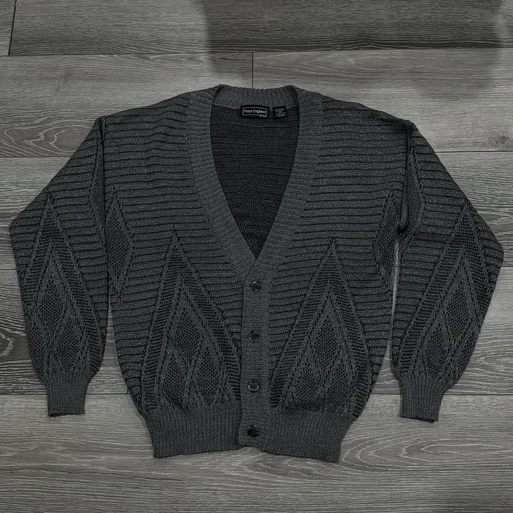 Vtg Peter England Mens Cardigan M Gray V Neck‎ Dad Grandpa Chunky Knit Sweater